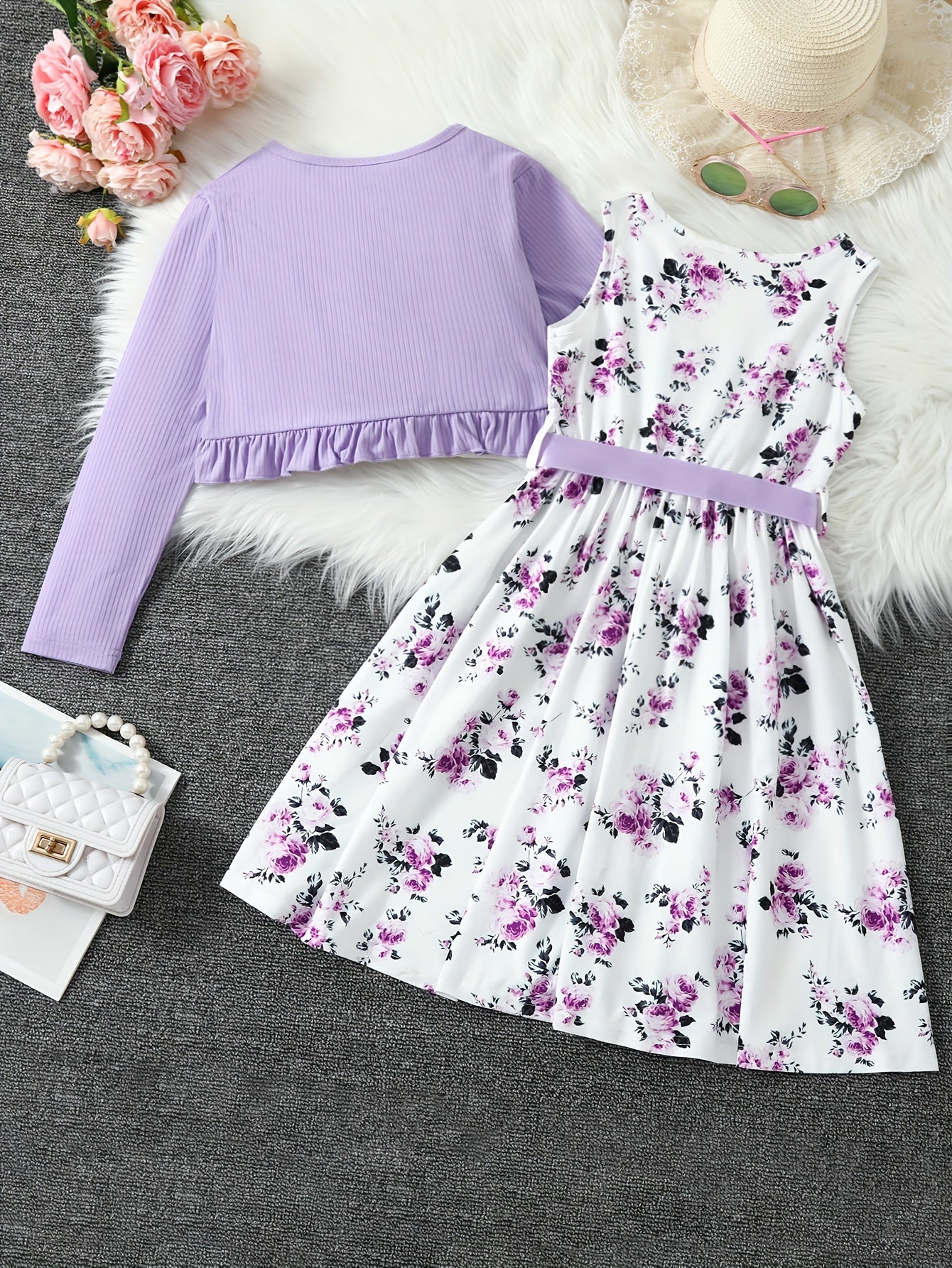 Elegant Toddle Girls 2 Piece Set Ruffle Decoration Cardigan Flower Print Sleeveless DressGifts