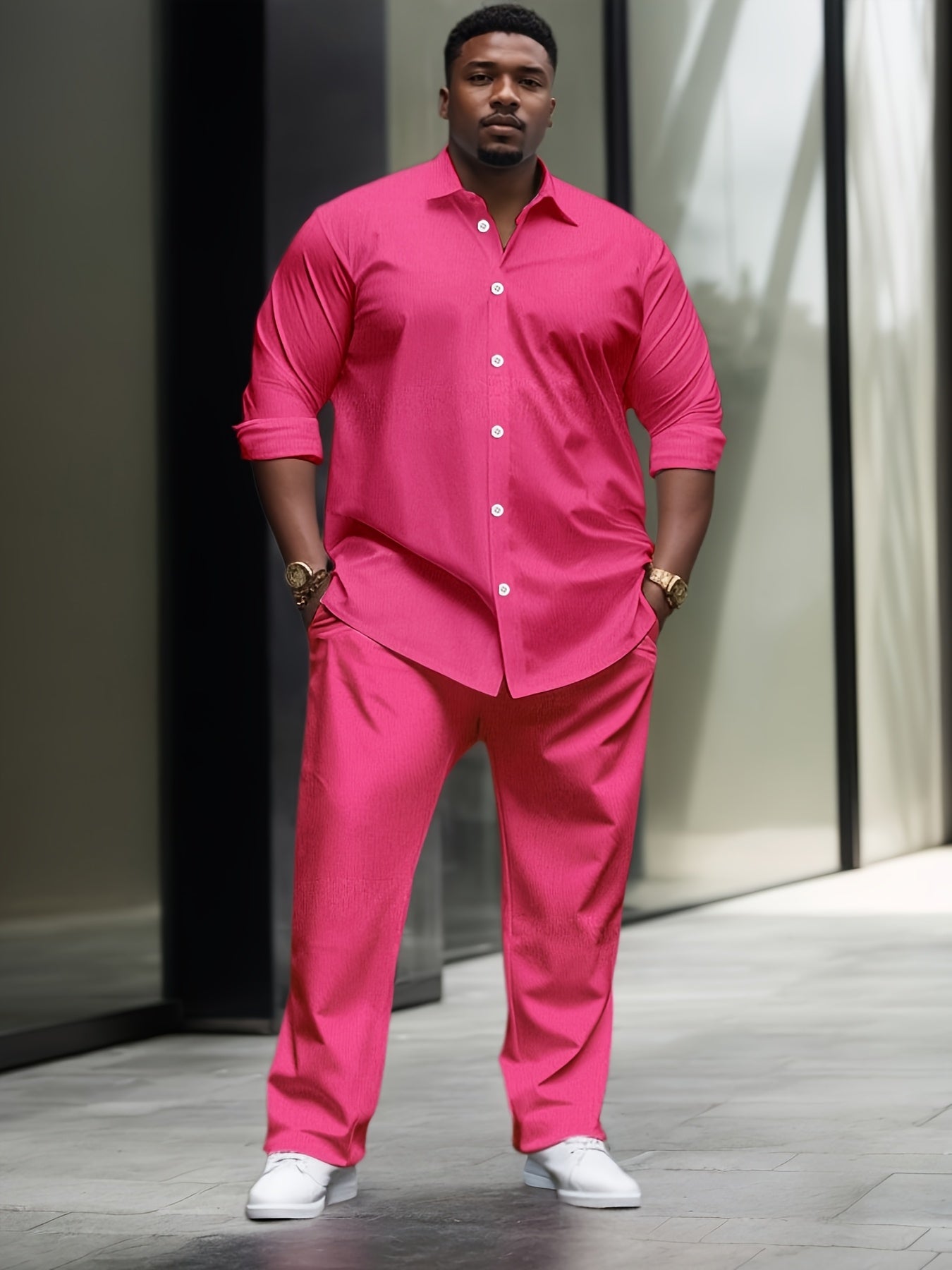 1set Men'S Plus Size Casual Suit Set - Polyester Lapel Shirt with Slight Stretch,