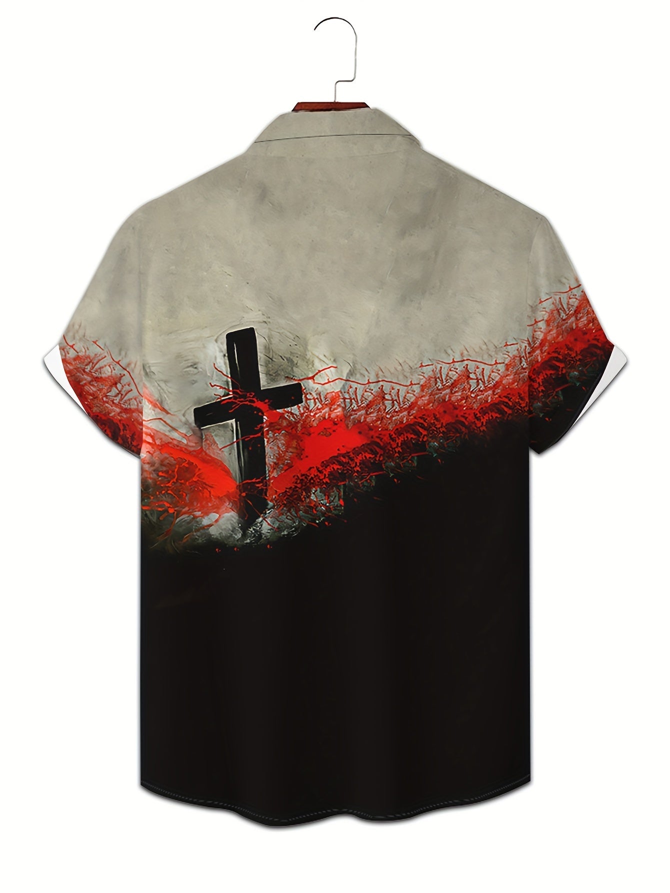 Men's Cross Graphic Color Blocking Short Sleeve Shirt For Summer, Casual Comfy Shirt As Gift