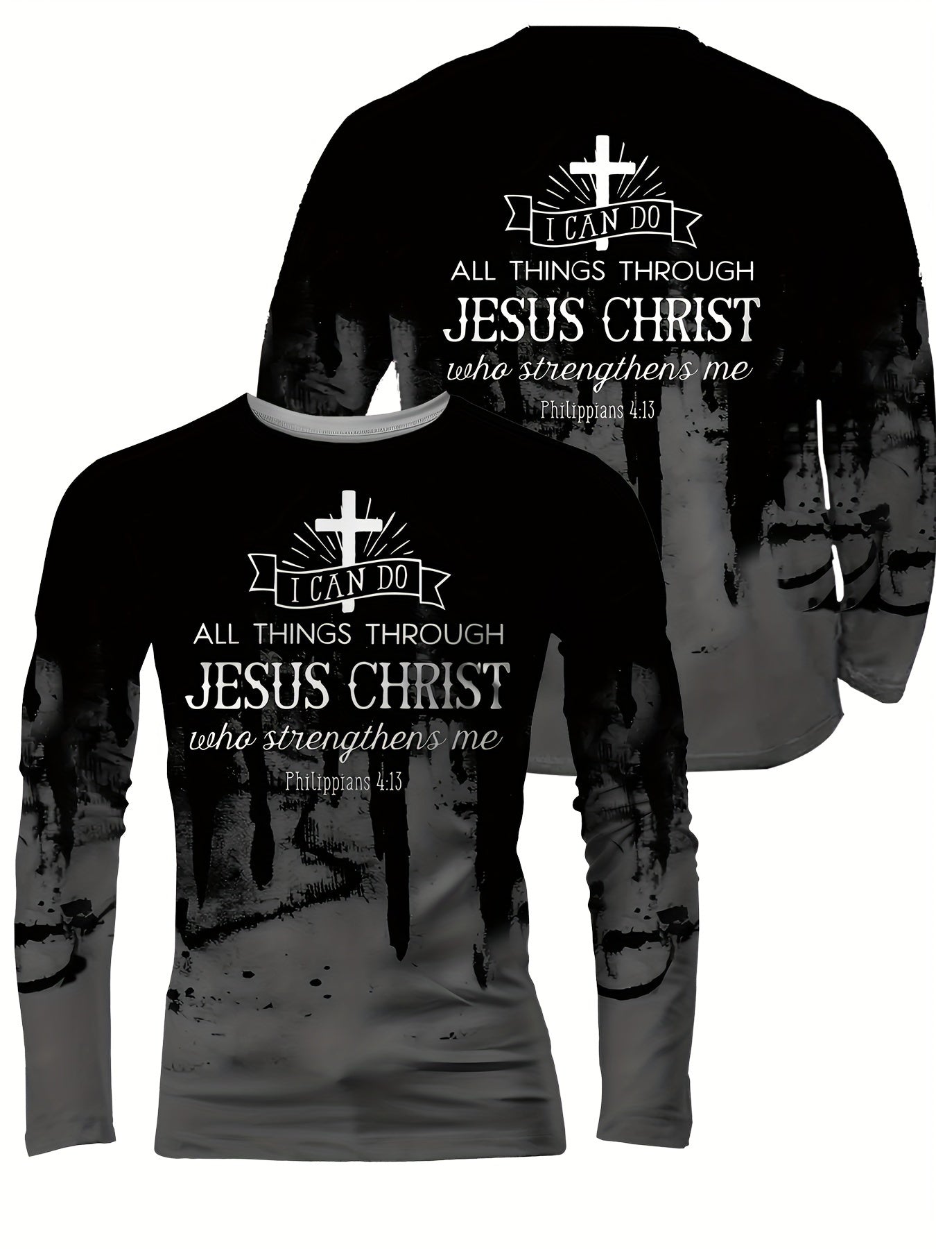 New 3D Printed Cross Print Long Sleeve T-Shirt, Round Neck and Long Sleeve