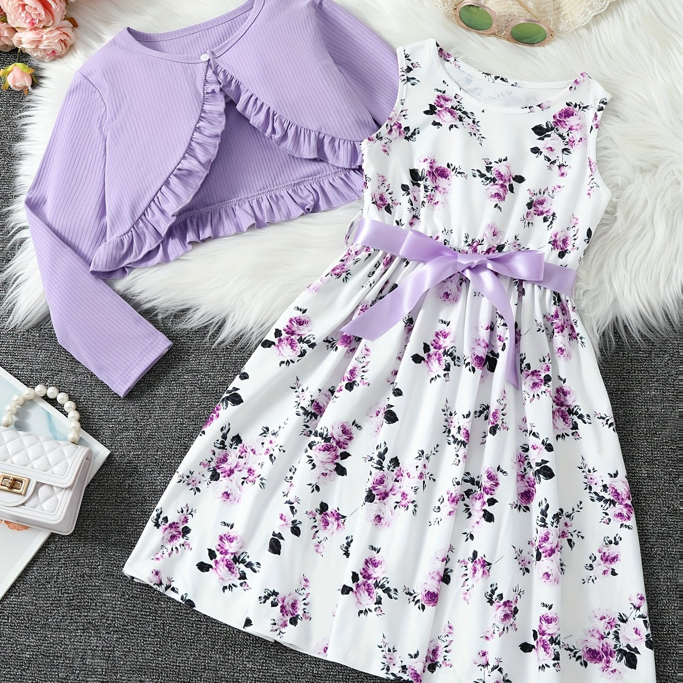 Elegant Toddle Girls 2 Piece Set Ruffle Decoration Cardigan Flower Print Sleeveless DressGifts