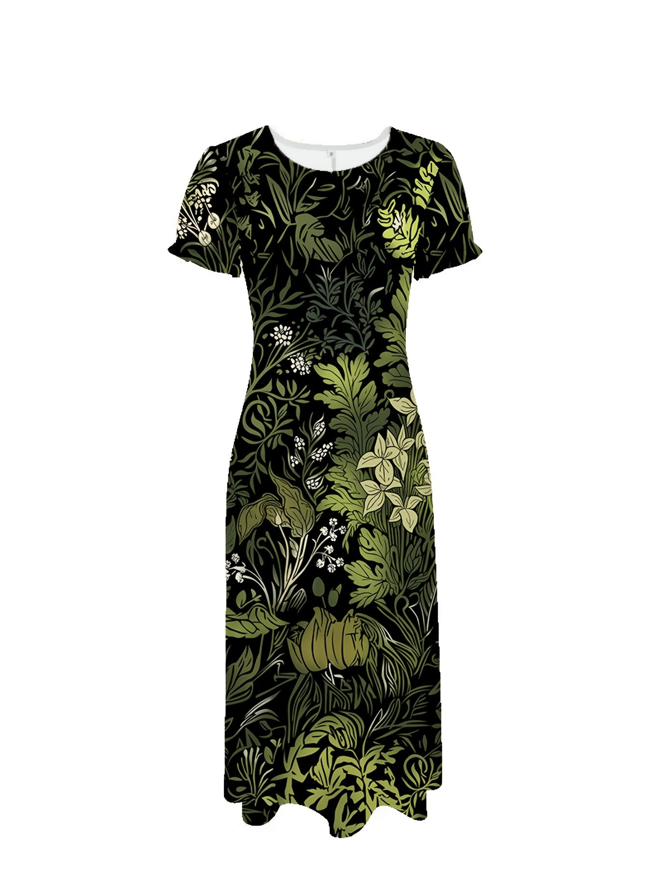 Plus Size Elegant Floral Print Dress - Chic Round Neck Short Sleeve Maxi