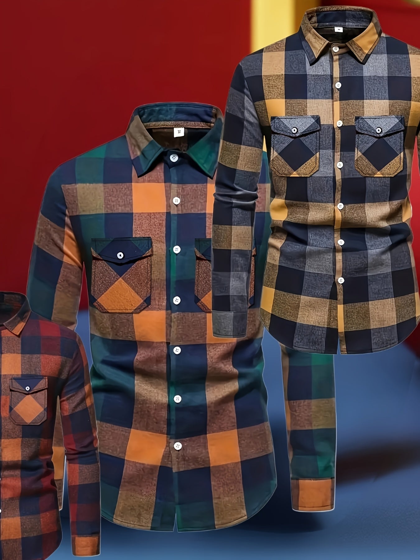 3pcs Men'S Plaid Long Sleeve Casual Shirts with Lapel Collar, Pocket Details, all