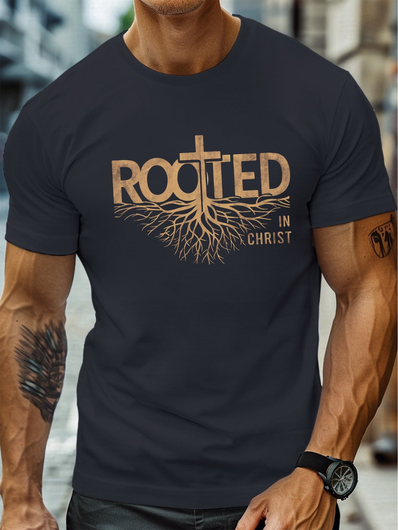 Men'S Plus Size Casual T-Shirt, "ROOTED in CHRIST" Graphic Print