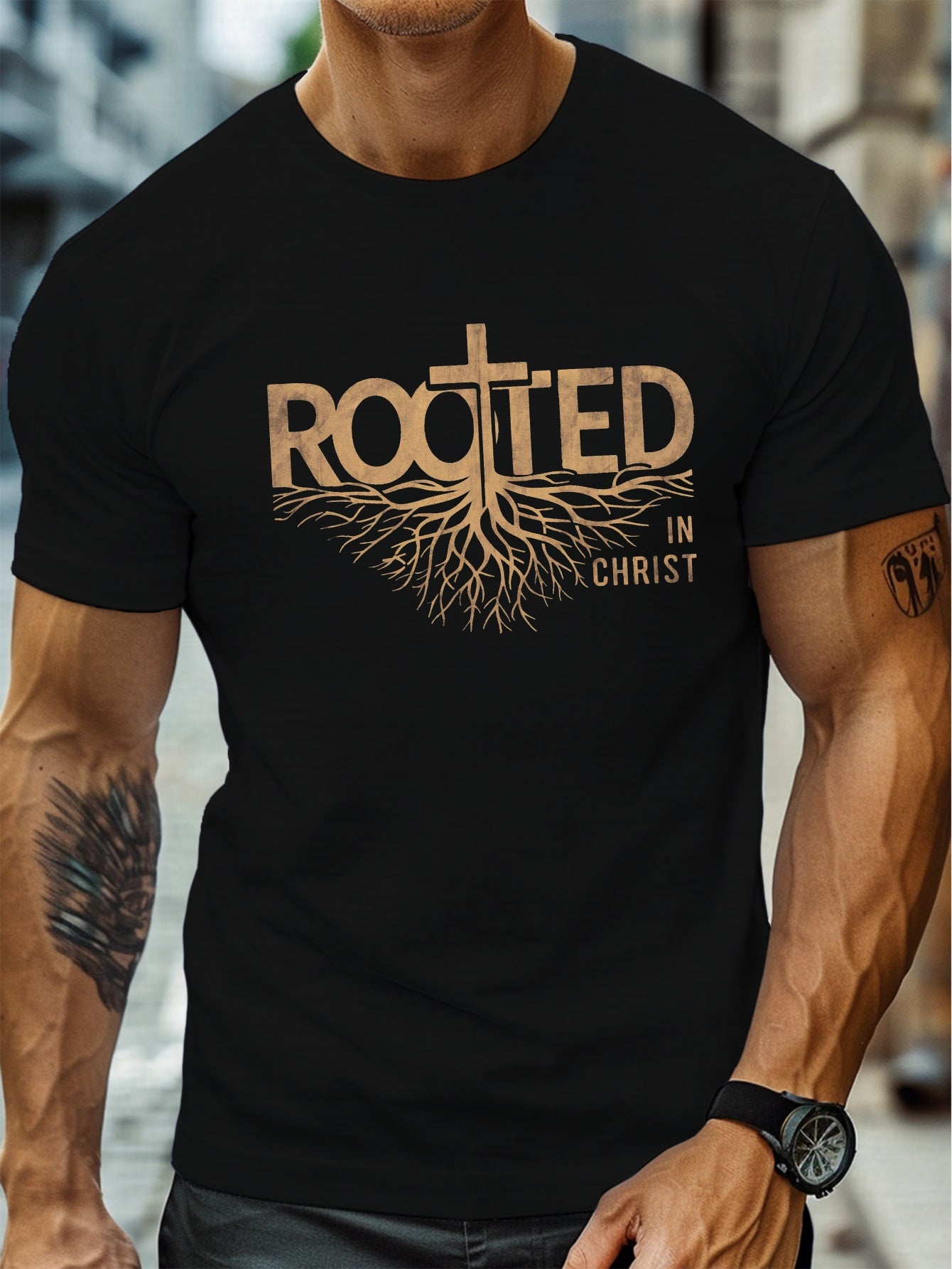 Men'S Plus Size Casual T-Shirt, "ROOTED in CHRIST" Graphic Print