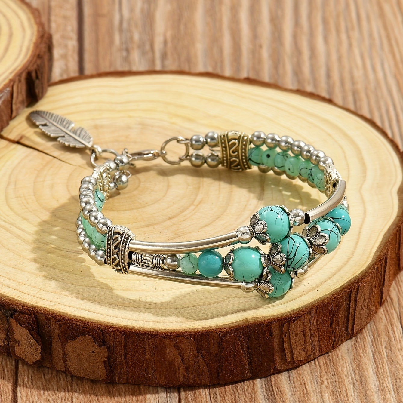 1pc Boho Chic Double Row Beaded Bracelet with Antique Geometric Carved Feather Charm,Extender, In