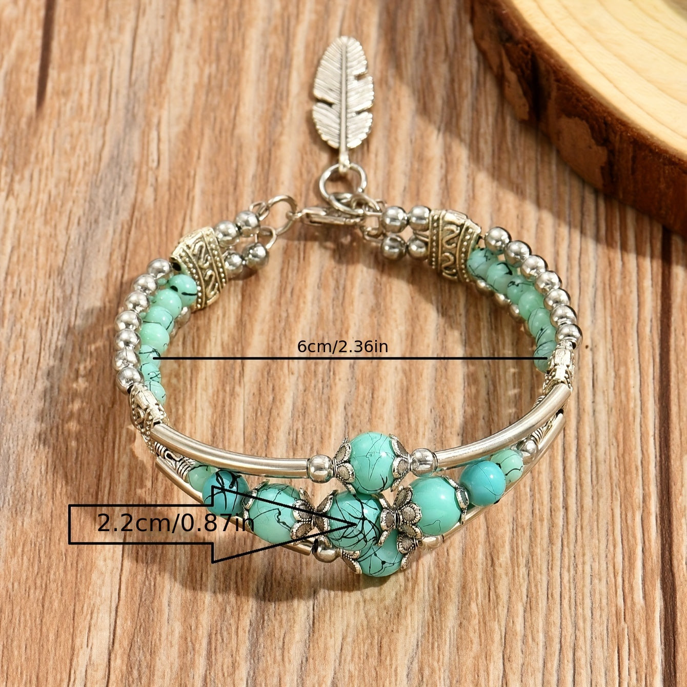 1pc Boho Chic Double Row Beaded Bracelet with Antique Geometric Carved Feather Charm,Extender, In