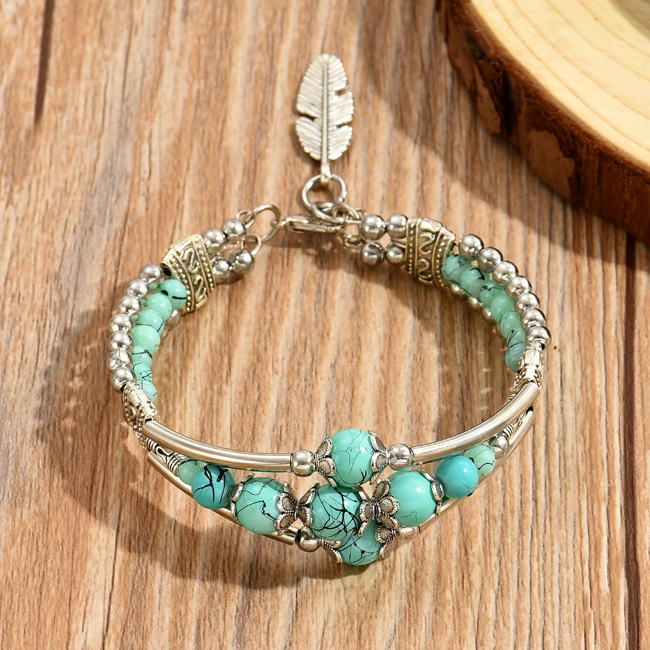 1pc Boho Chic Double Row Beaded Bracelet with Antique Geometric Carved Feather Charm,Extender, In