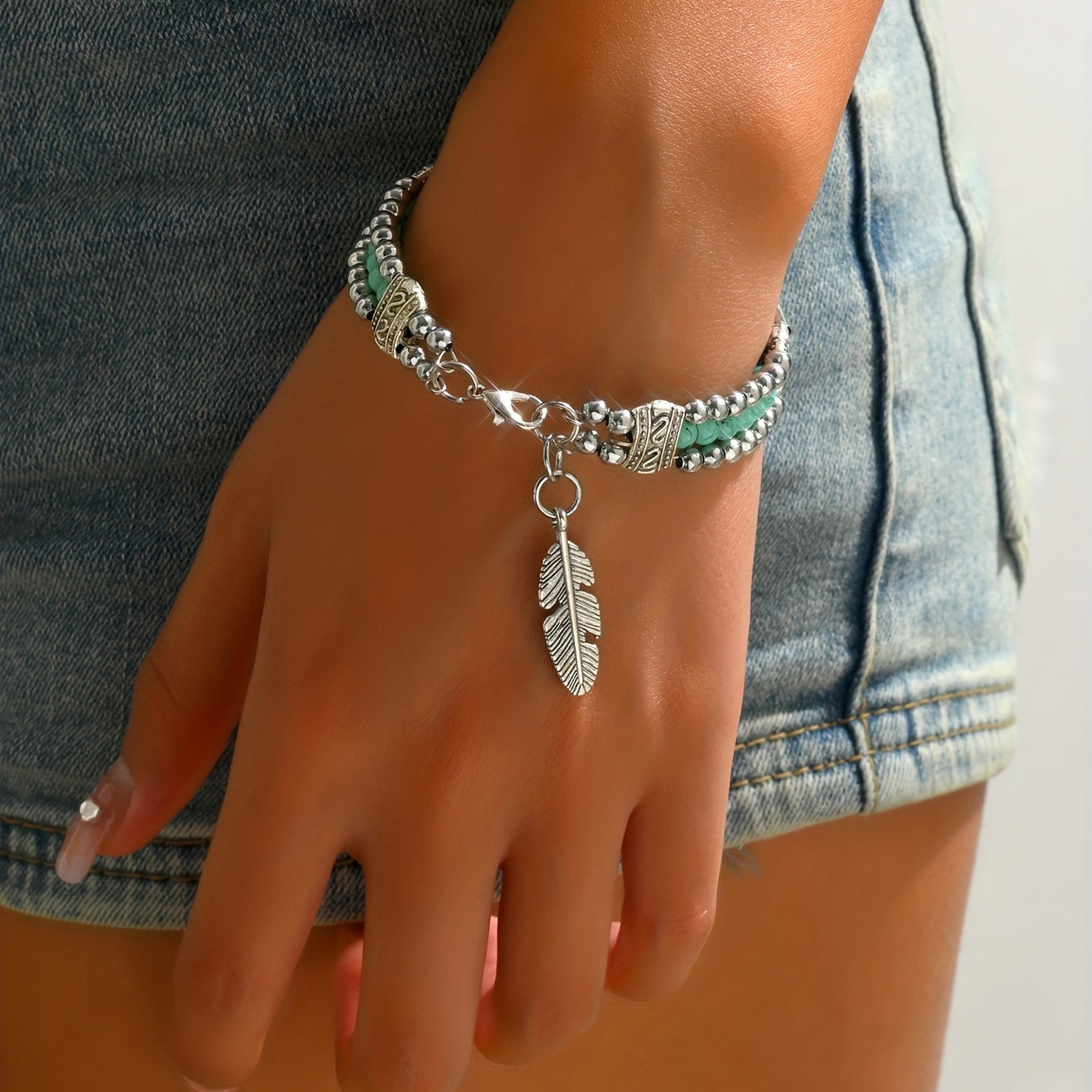 1pc Boho Chic Double Row Beaded Bracelet with Antique Geometric Carved Feather Charm,Extender, In
