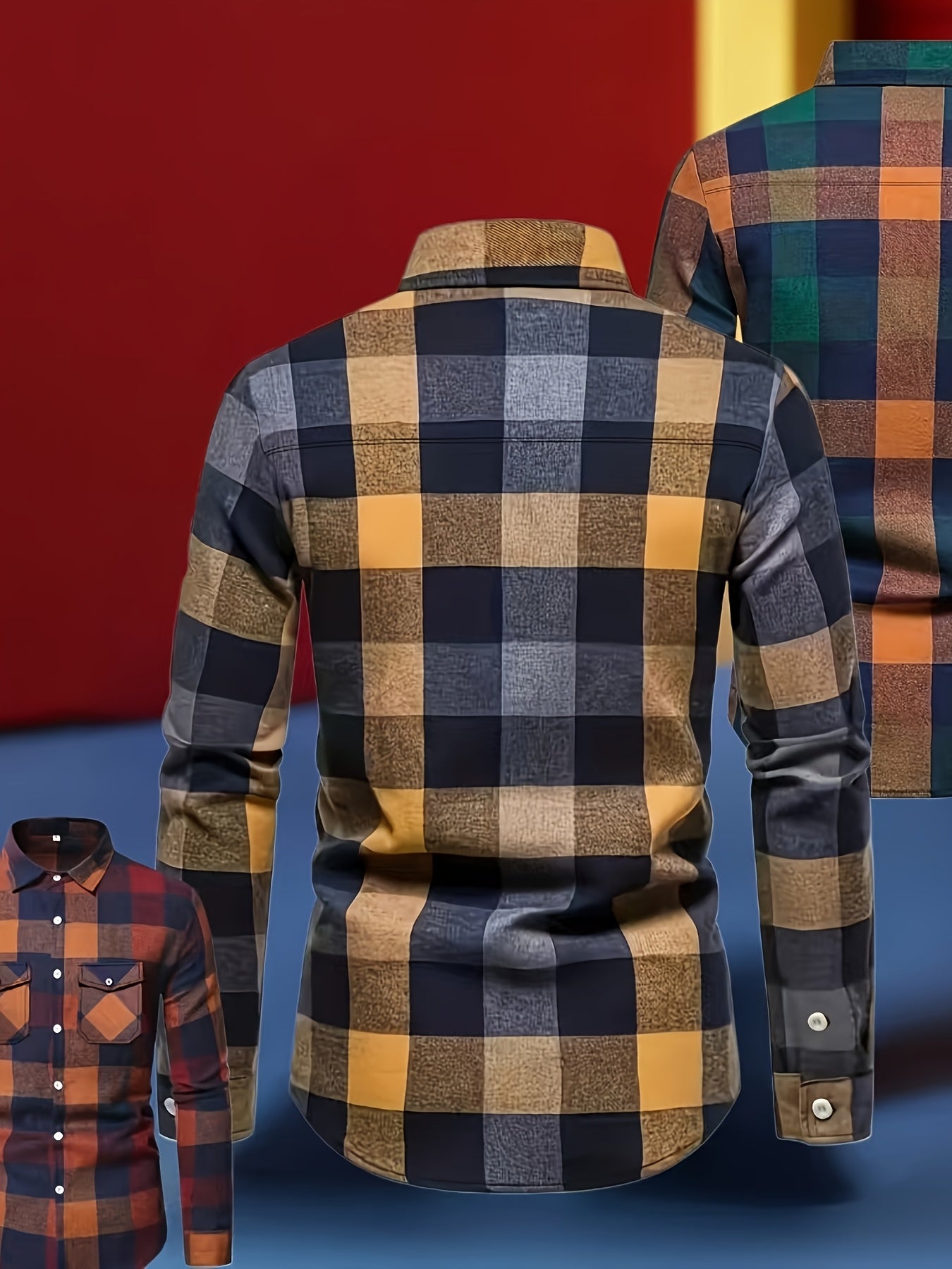 3pcs Men'S Plaid Long Sleeve Casual Shirts with Lapel Collar, Pocket Details, all