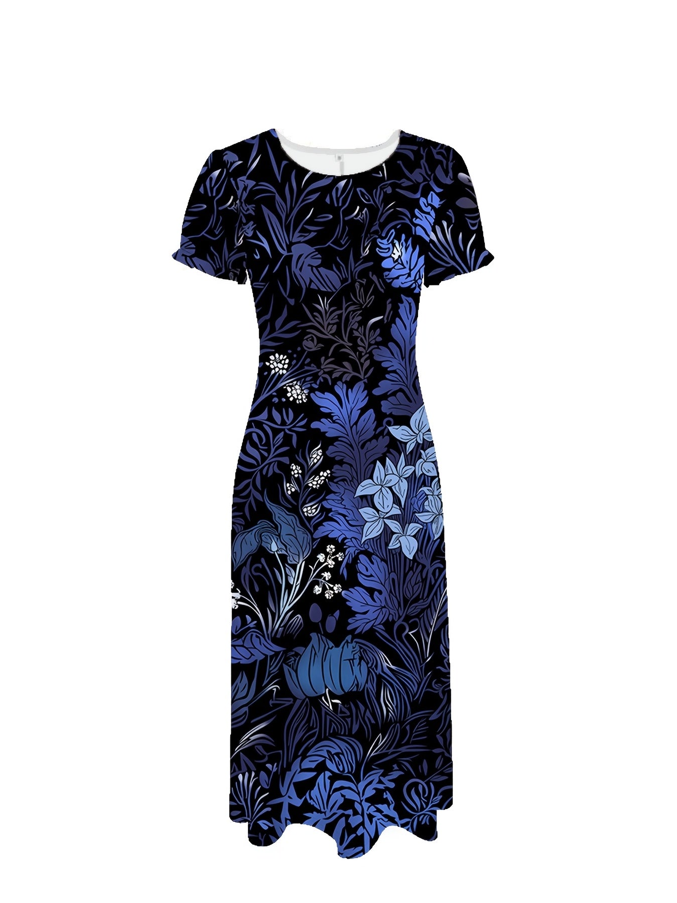 Plus Size Elegant Floral Print Dress - Chic Round Neck Short Sleeve Maxi