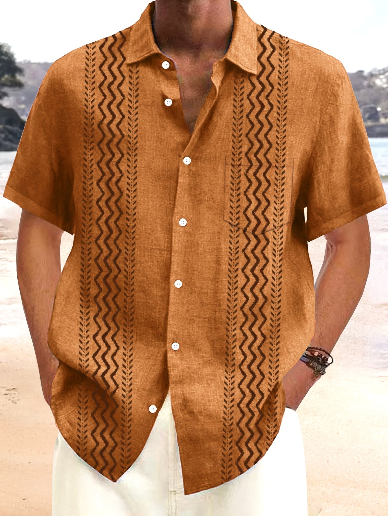 Men's Vintage Bohemian Geometric Print Short Sleeve Shirt with Button Pocket -