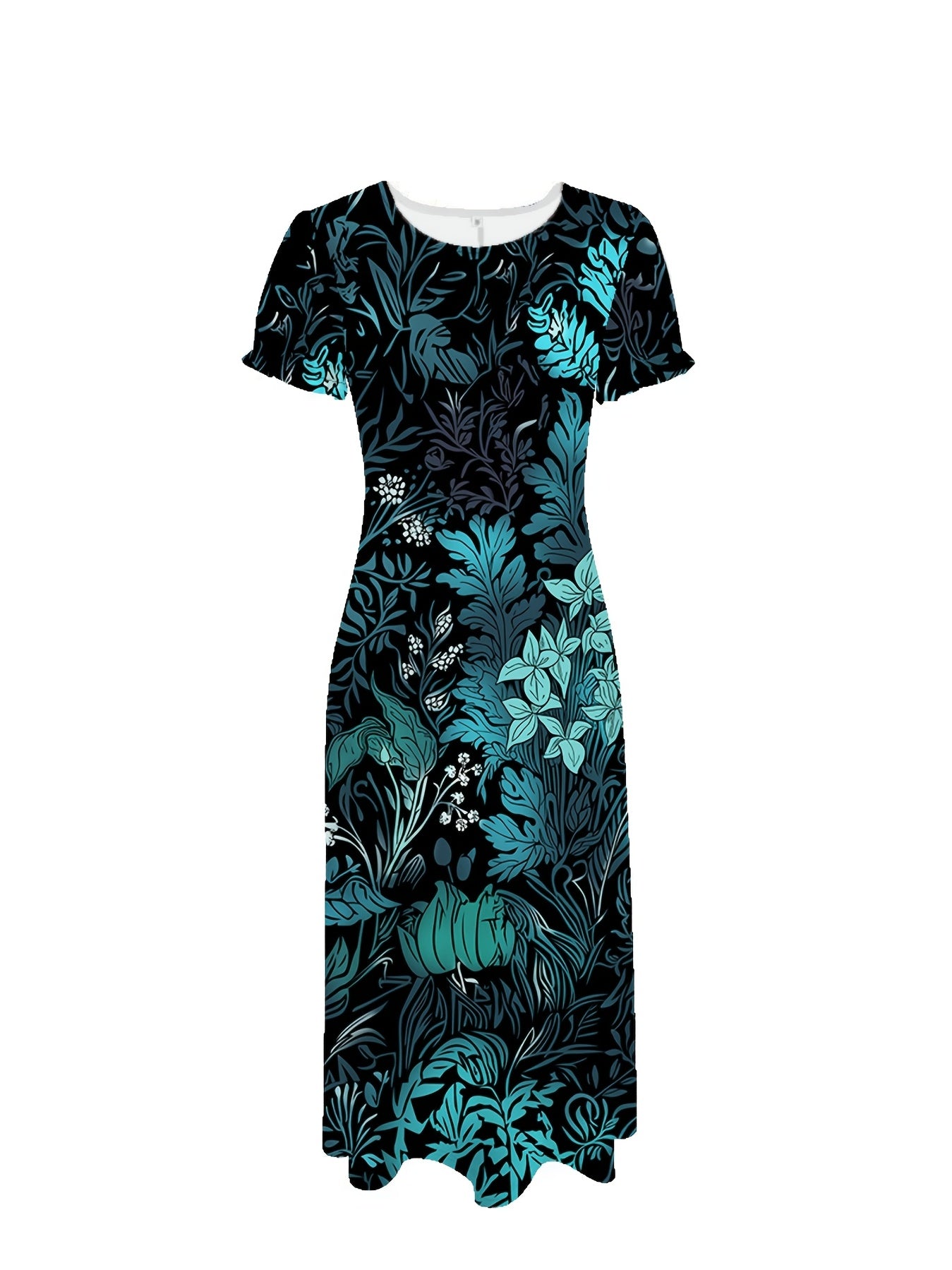 Plus Size Elegant Floral Print Dress - Chic Round Neck Short Sleeve Maxi