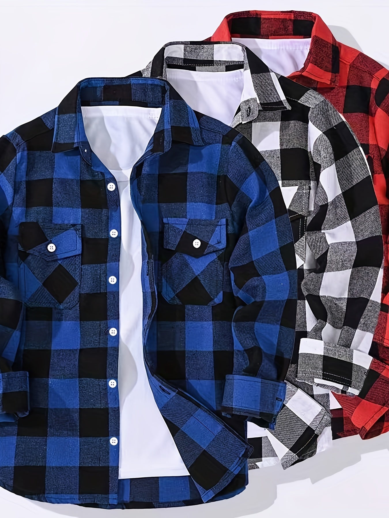 3pcs Men'S Plaid Long Sleeve Casual Shirts with Lapel Collar, Pocket Details, all