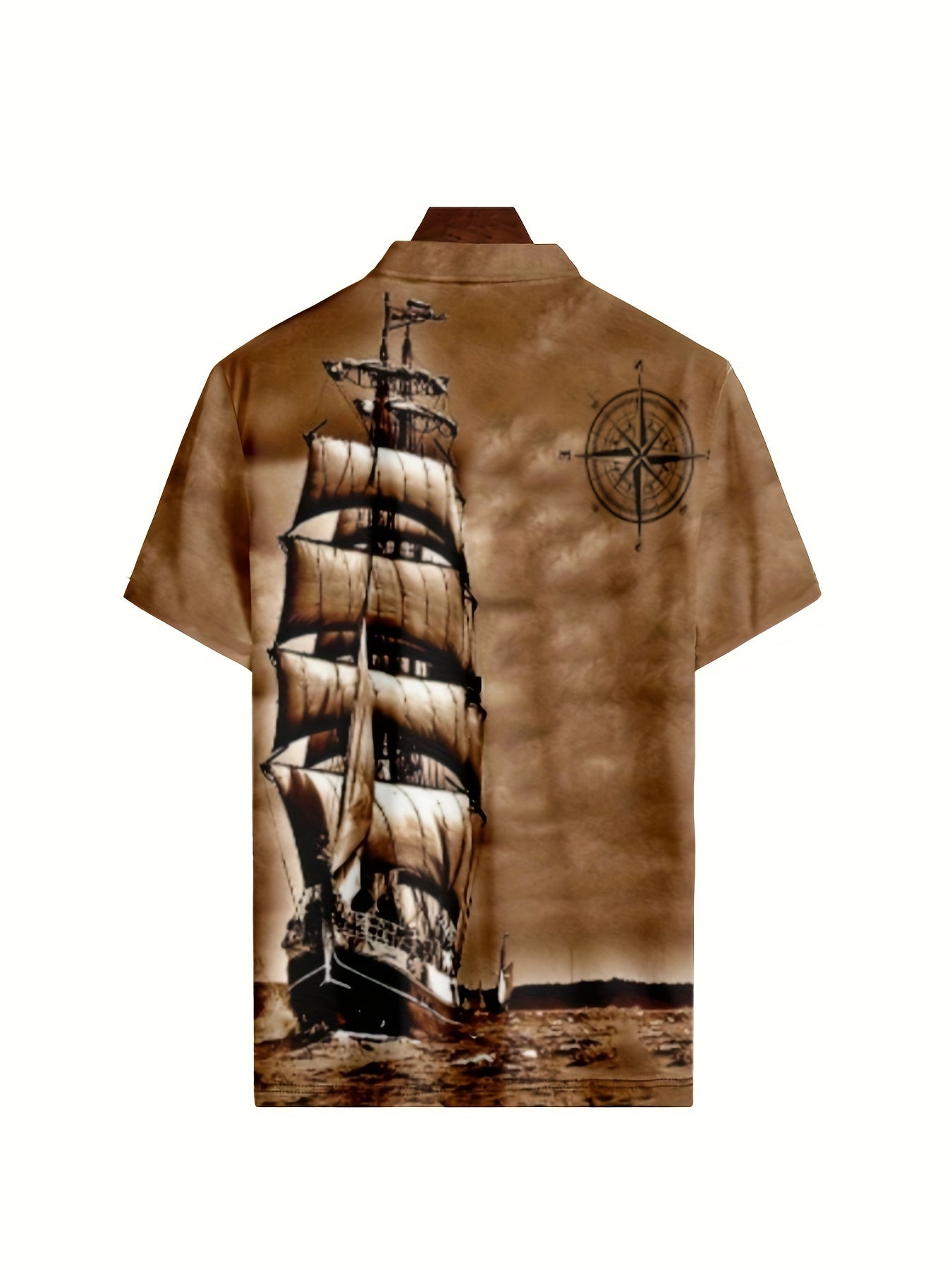Men's Vintage Nautical Sailboat Print Shirt - Casual Button-Up, Short Sleeve, Polyester