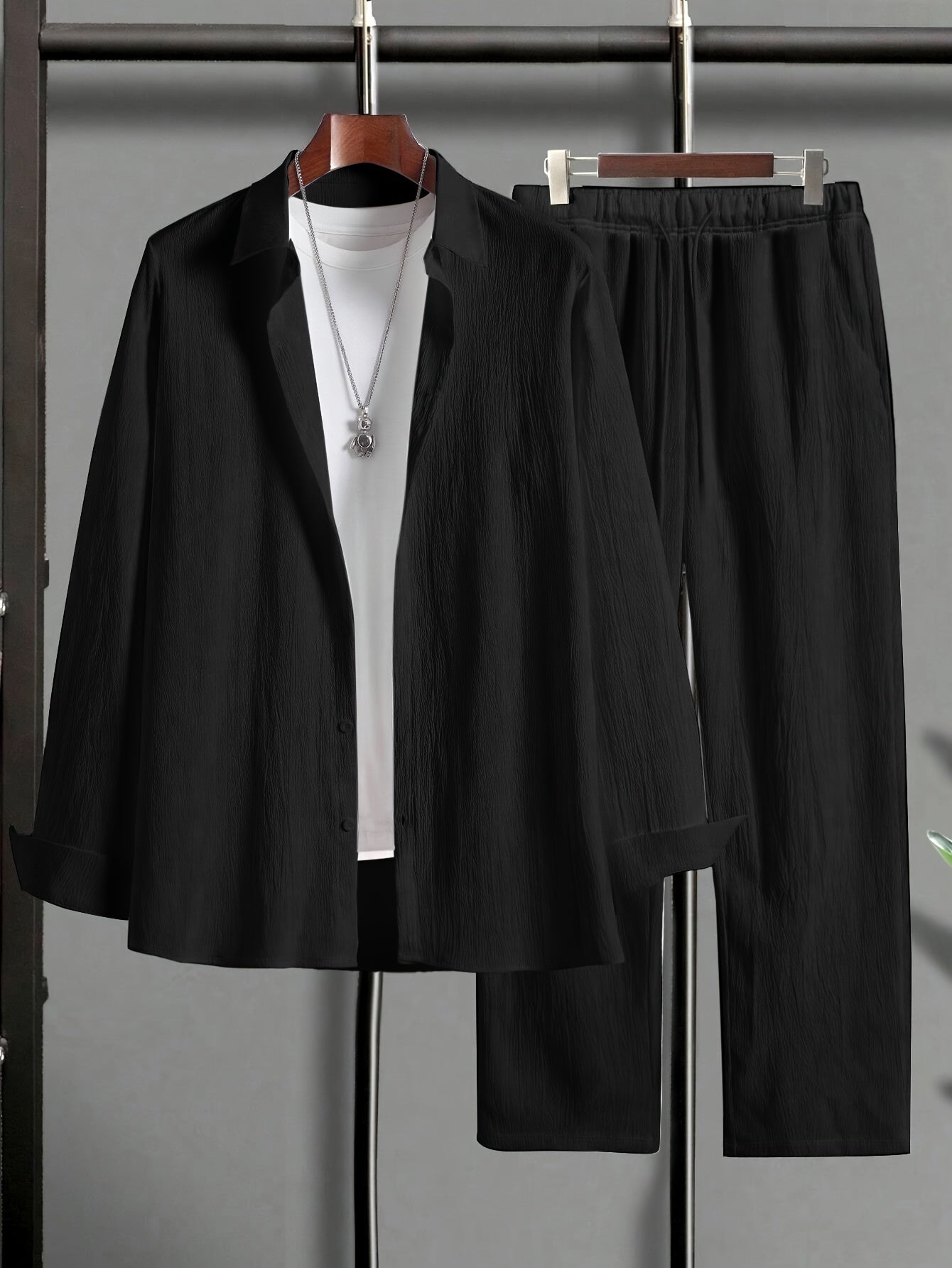1set Men'S Plus Size Casual Suit Set - Polyester Lapel Shirt with Slight Stretch,