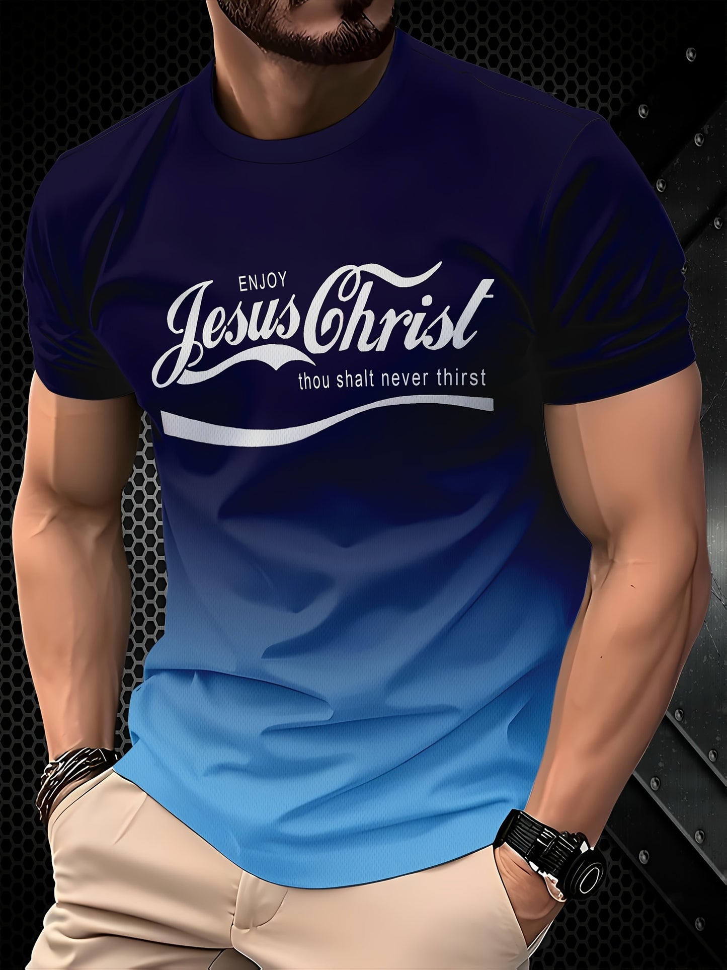 Men's 3D Printed Gradient Blue & Black T-Shirt - Casual Short Sleeve, Summer Outdoor Wear, Stretch Polyester Blend