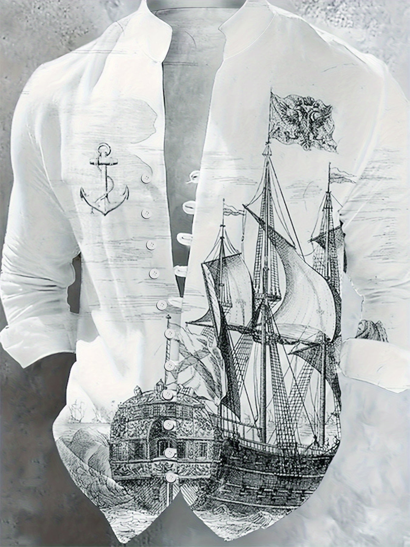 Men'S Casual Nautical Cruise Print Shirt, 100% Polyester, Loose Fit,