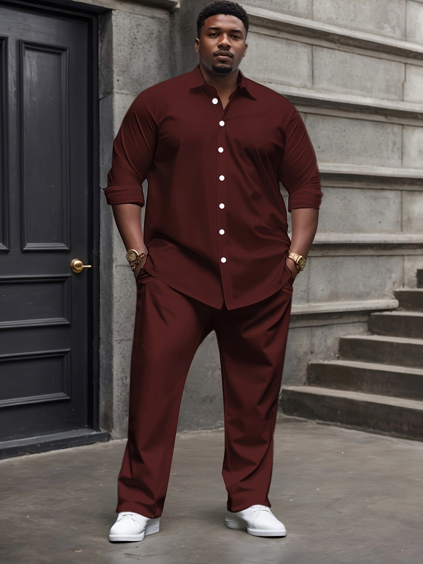 1set Men'S Plus Size Casual Suit Set - Polyester Lapel Shirt with Slight Stretch,