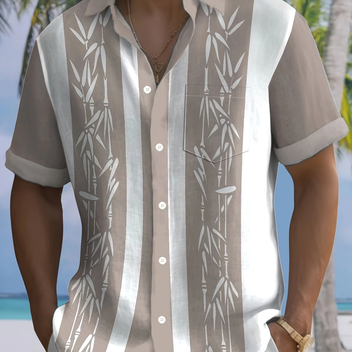 Men's Tropical Bamboo Print Button-Up Shirt with Pockets - Vintage Style,