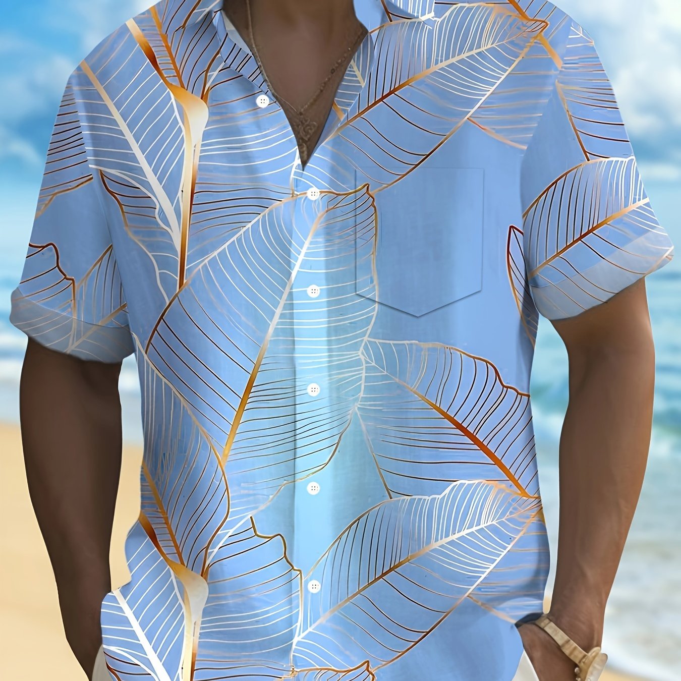Plus Size Men's Leaf Graphic Print Shirt For Summer, Stylish Casual Short Sleeve Shirt For Males