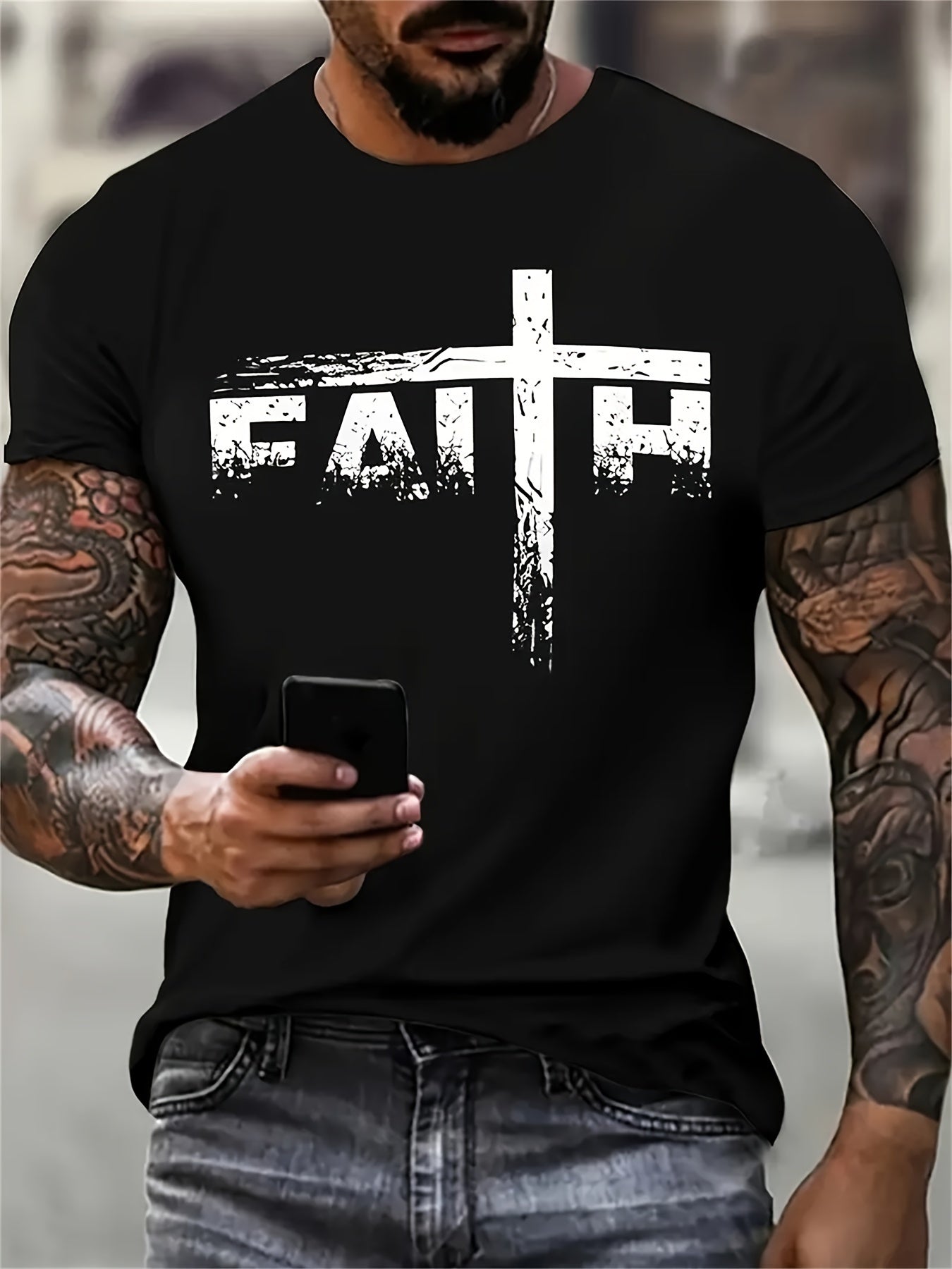 Men'S Casual Crew Neck T-Shirt with Digital Print "FAITH" Cross Design,