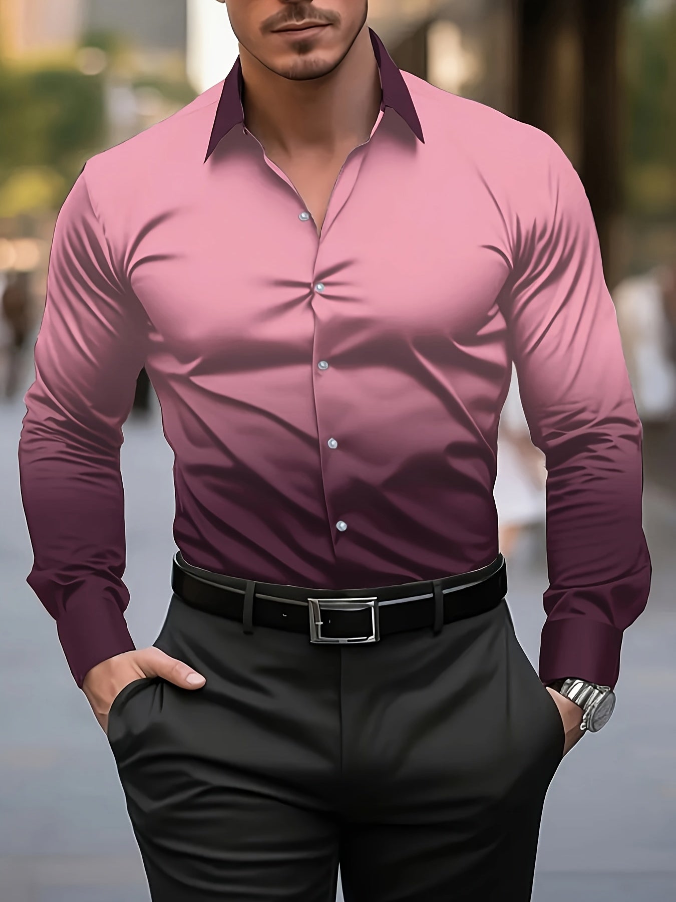 Men's Stylish Gradient Print Dress Shirt - Breathable Polyester,