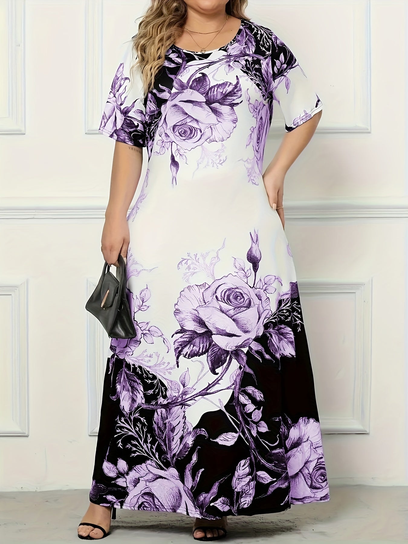 Plus Size Floral Print Dress, Elegant Short Sleeve Crew Neck Dress For Spring & Summer, Women's Plus Size Clothing