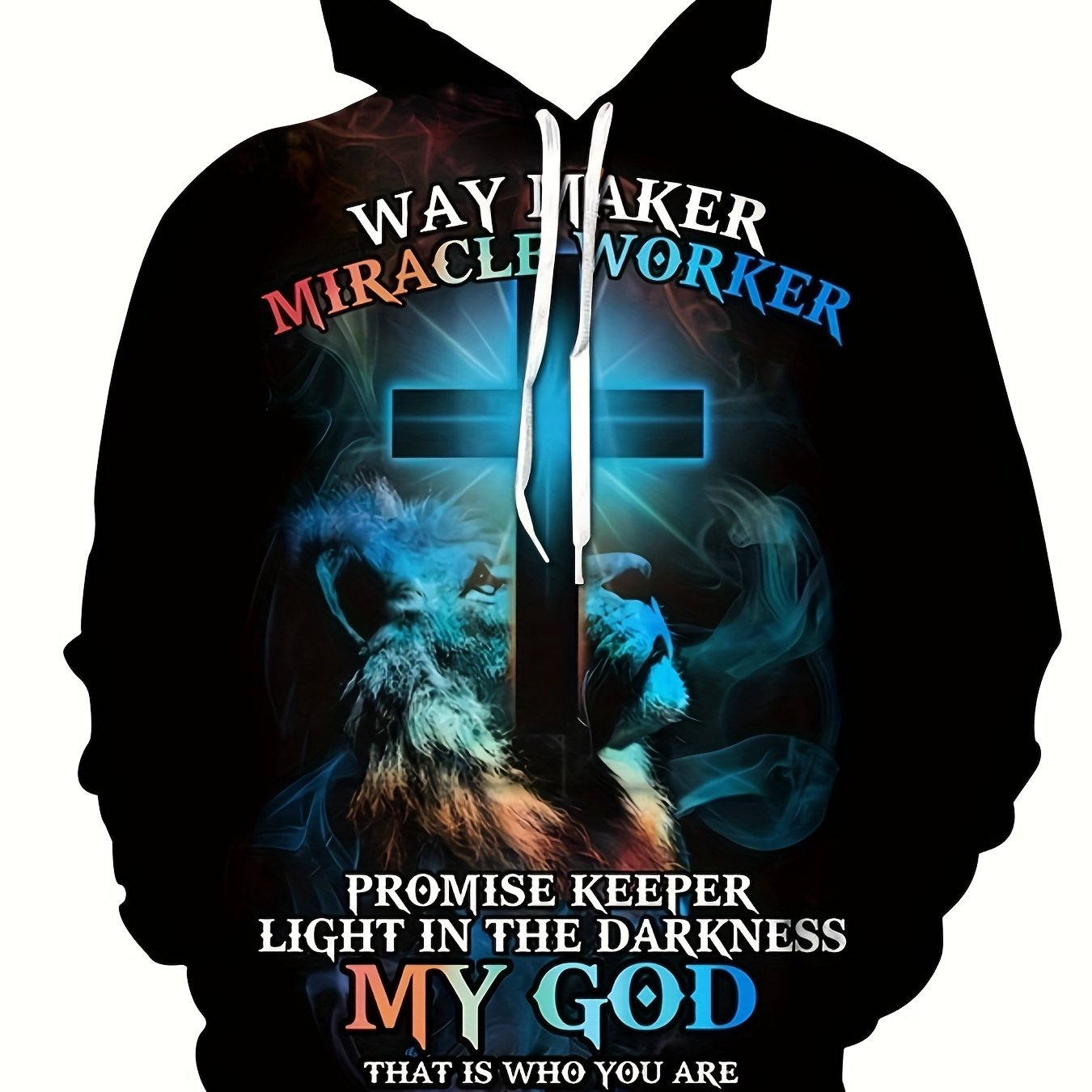 Lion And Cross Pattern And MIRACLE WORKER Letter Print Hooded Sweatshirt With Drawstring For Men