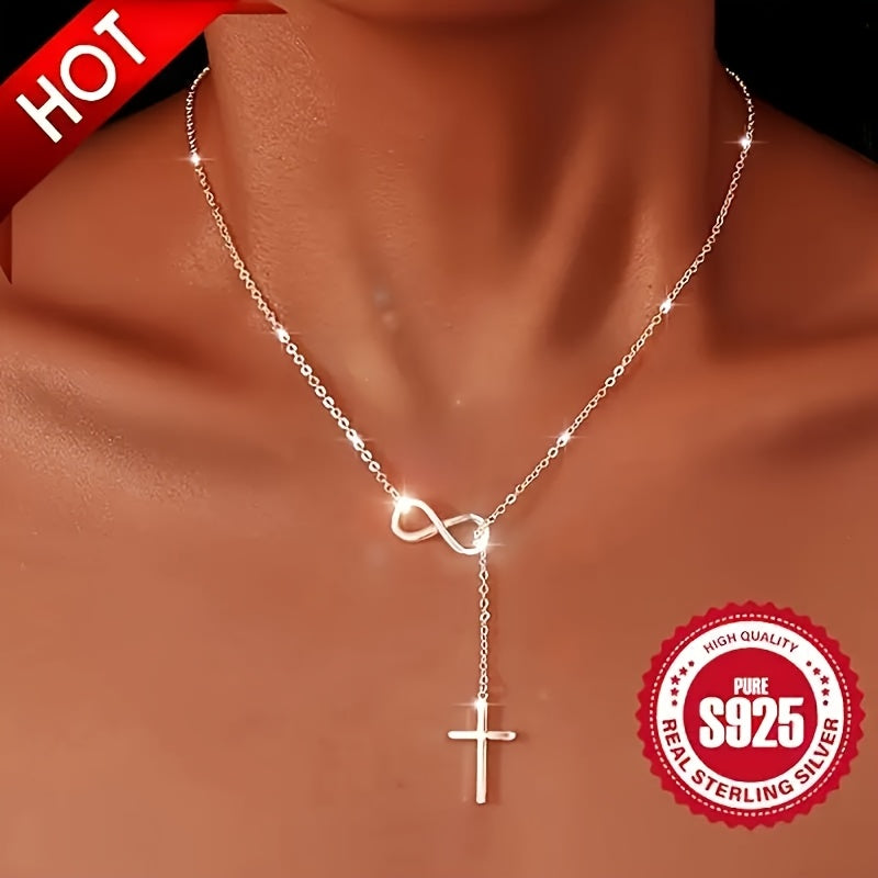 Luxurious S925 Pure Sterling Silvery Infinity Lucky 8 Cross Pendant Necklace