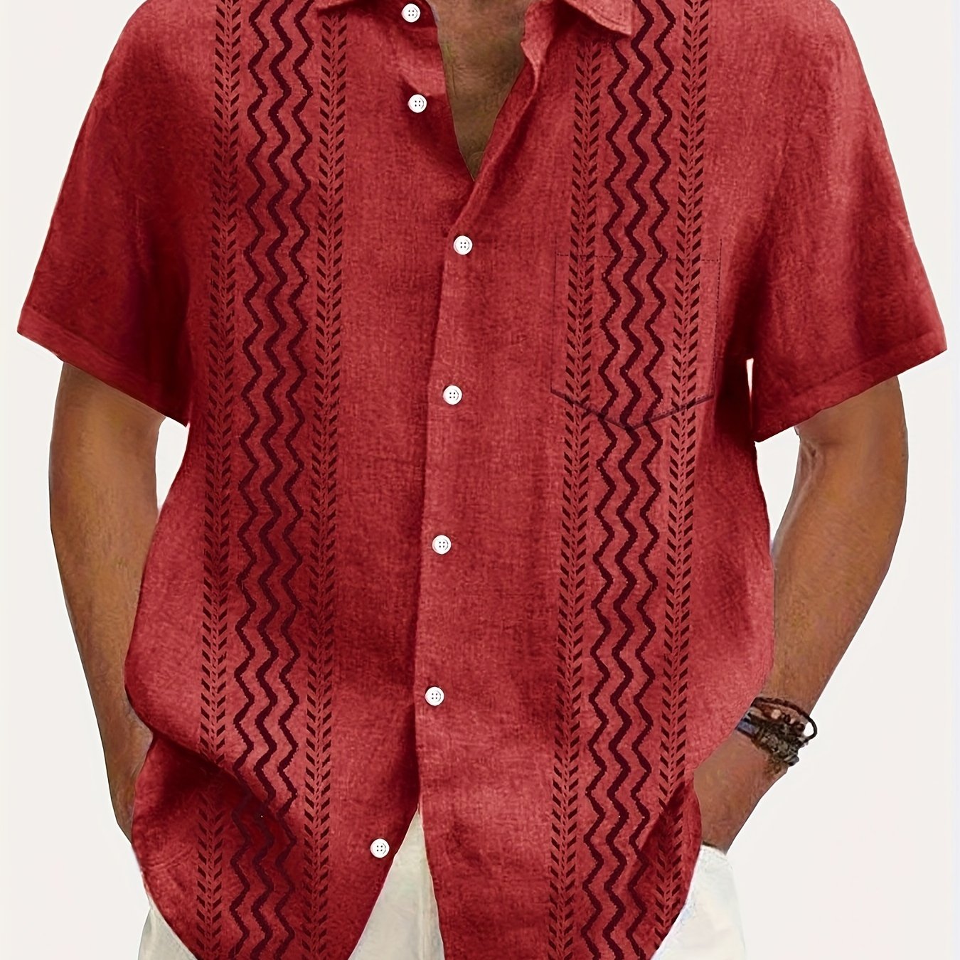 Men's Vintage Bohemian Geometric Print Short Sleeve Shirt with Button Pocket -