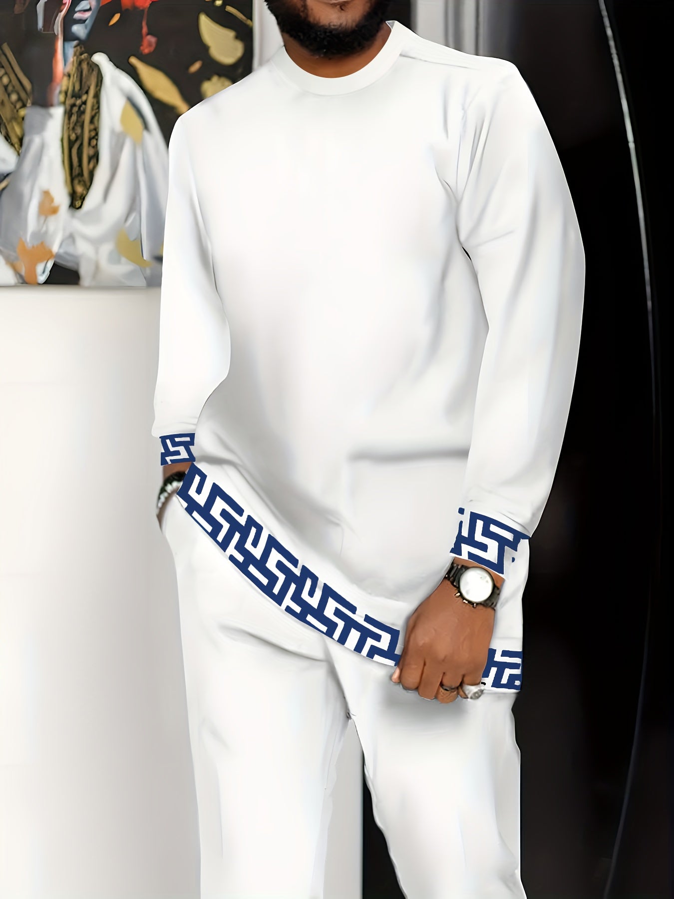 Men'S All-Season Casual Crew Neck Long-Sleeve Trousers, Geometric Pattern Knit Polyester