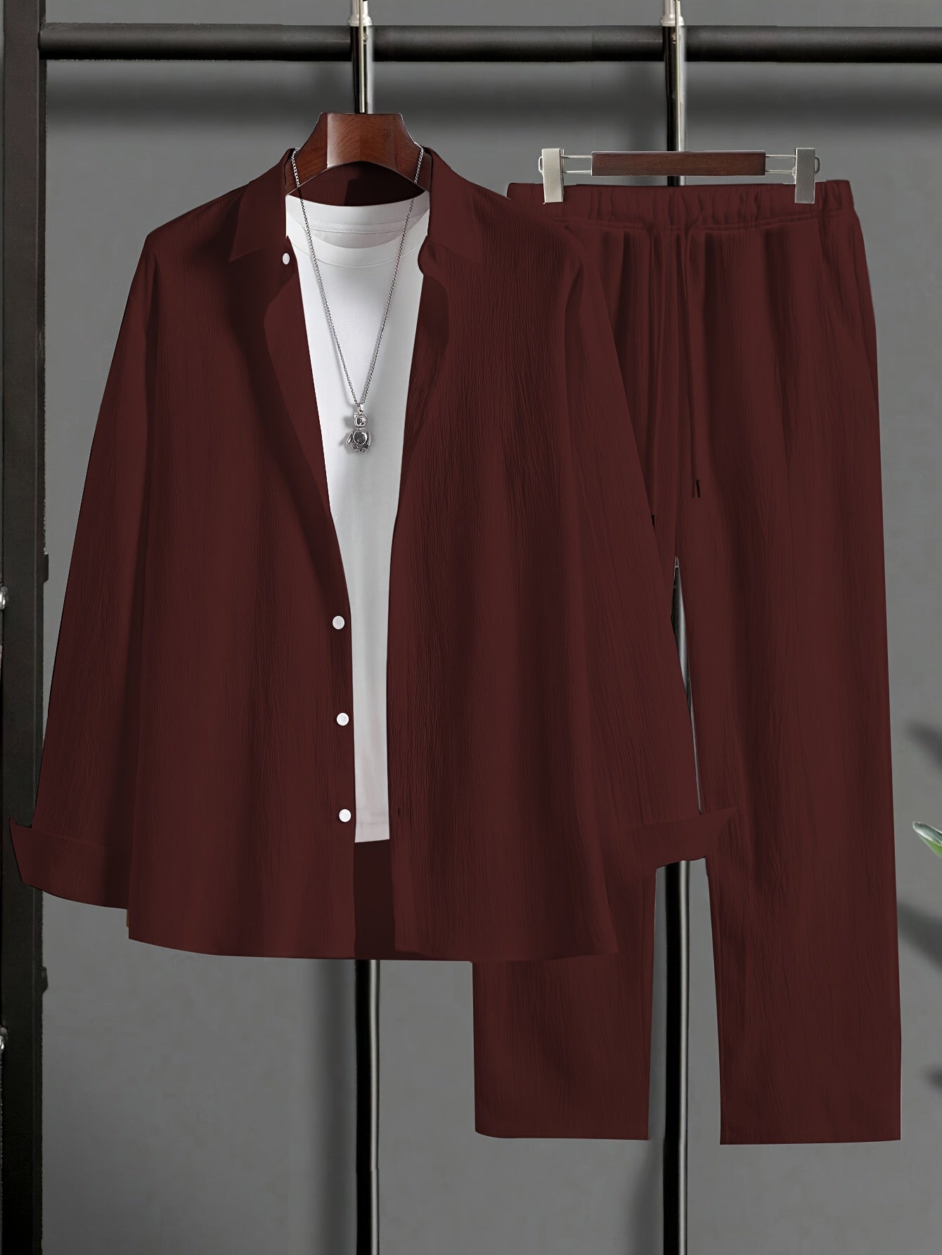 1set Men'S Plus Size Casual Suit Set - Polyester Lapel Shirt with Slight Stretch,
