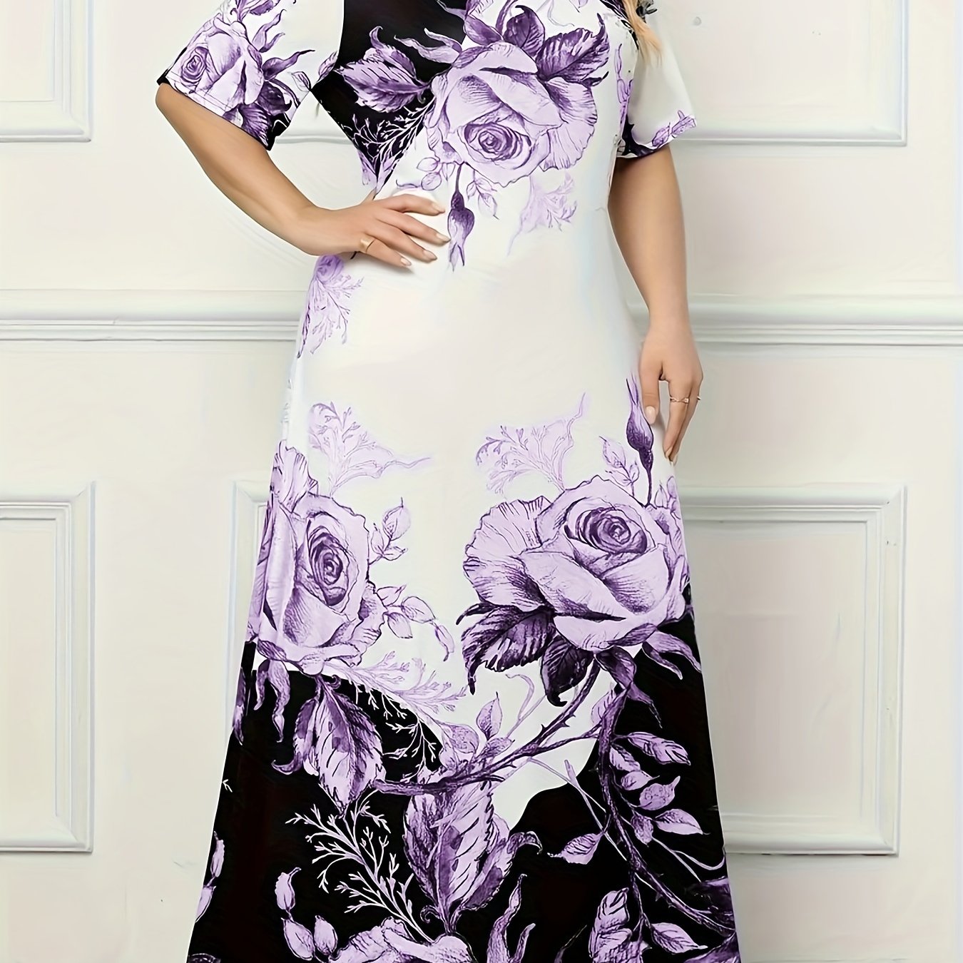 Plus Size Floral Print Dress, Elegant Short Sleeve Crew Neck Dress For Spring & Summer, Women's Plus Size Clothing