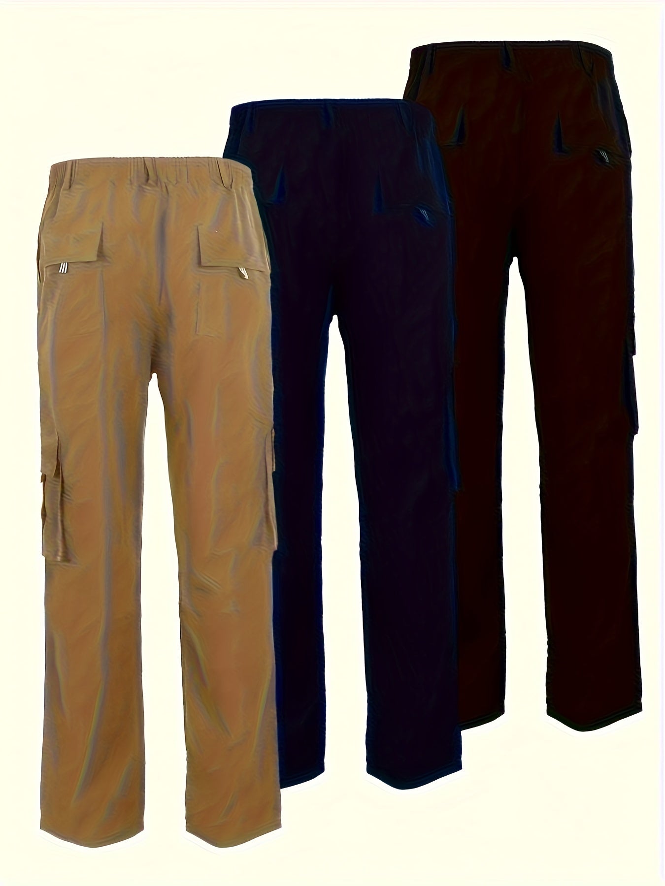3pcs Men's Multi-Pocket Cargo Pants - Comfortable Polyester,