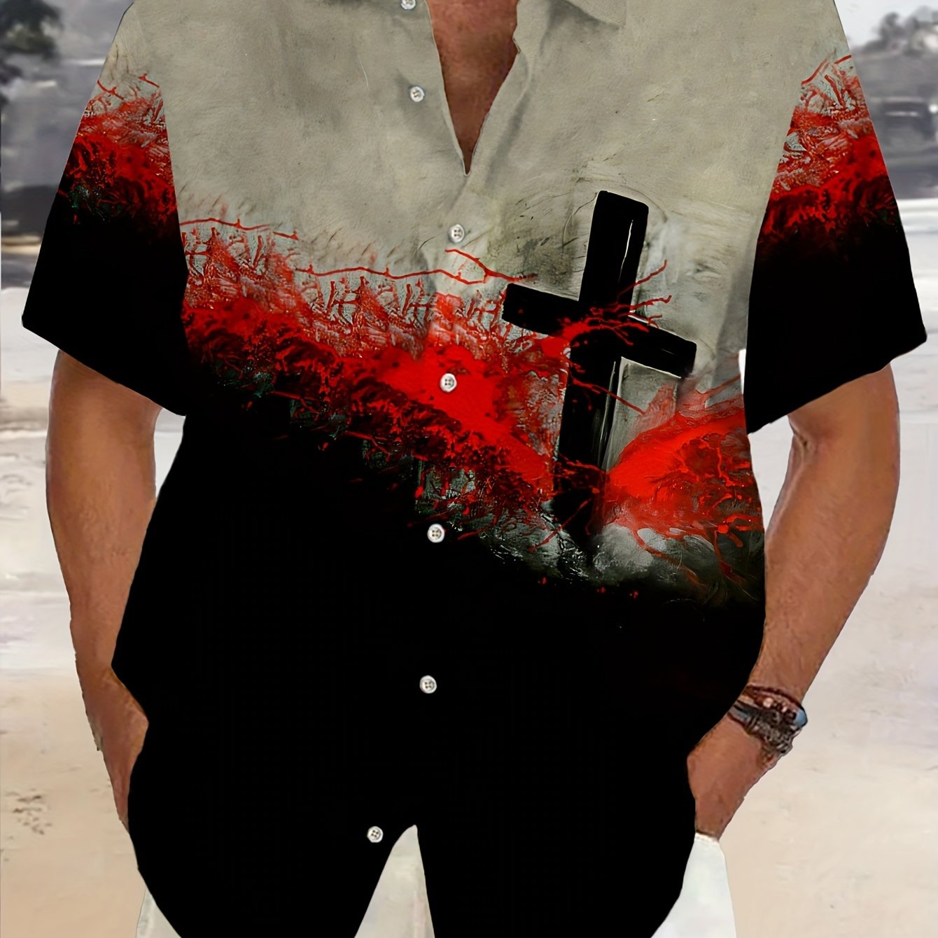 Men's Cross Graphic Color Blocking Short Sleeve Shirt For Summer, Casual Comfy Shirt As Gift