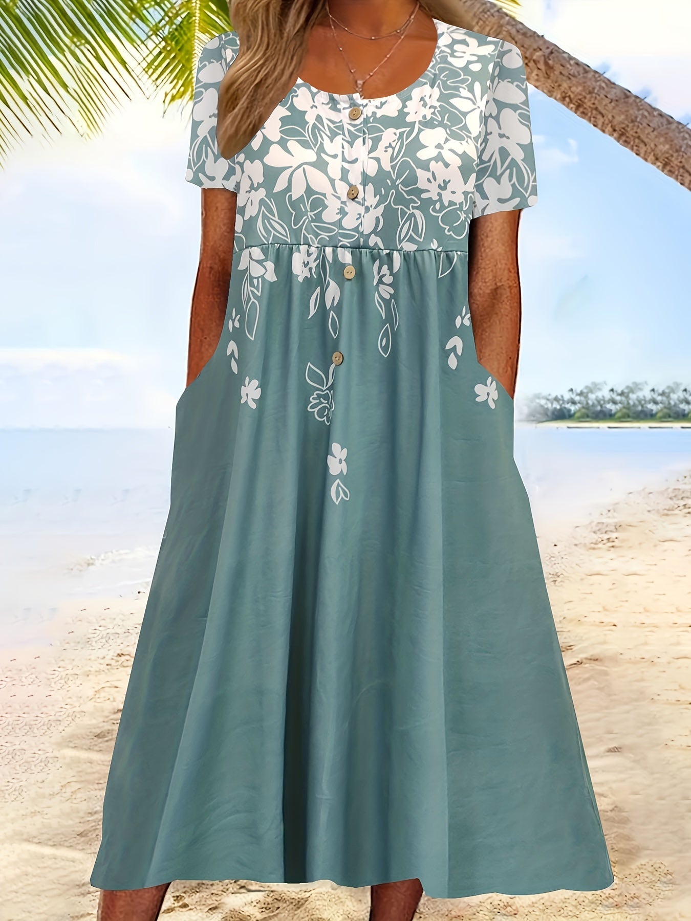 Elegant Floral Print Plus Size Midi Dress with Pockets - Crew Neck,