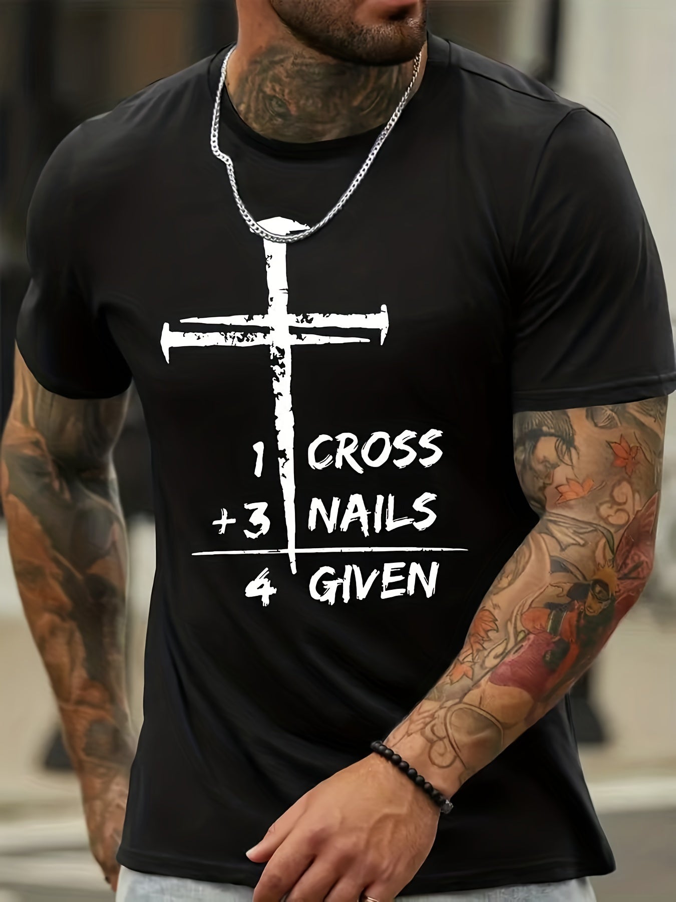 Men's Fashion Hot Selling Cross Nail Print T Shirt For Summer, Casual Short Sleeve Crew Neck Graphic
