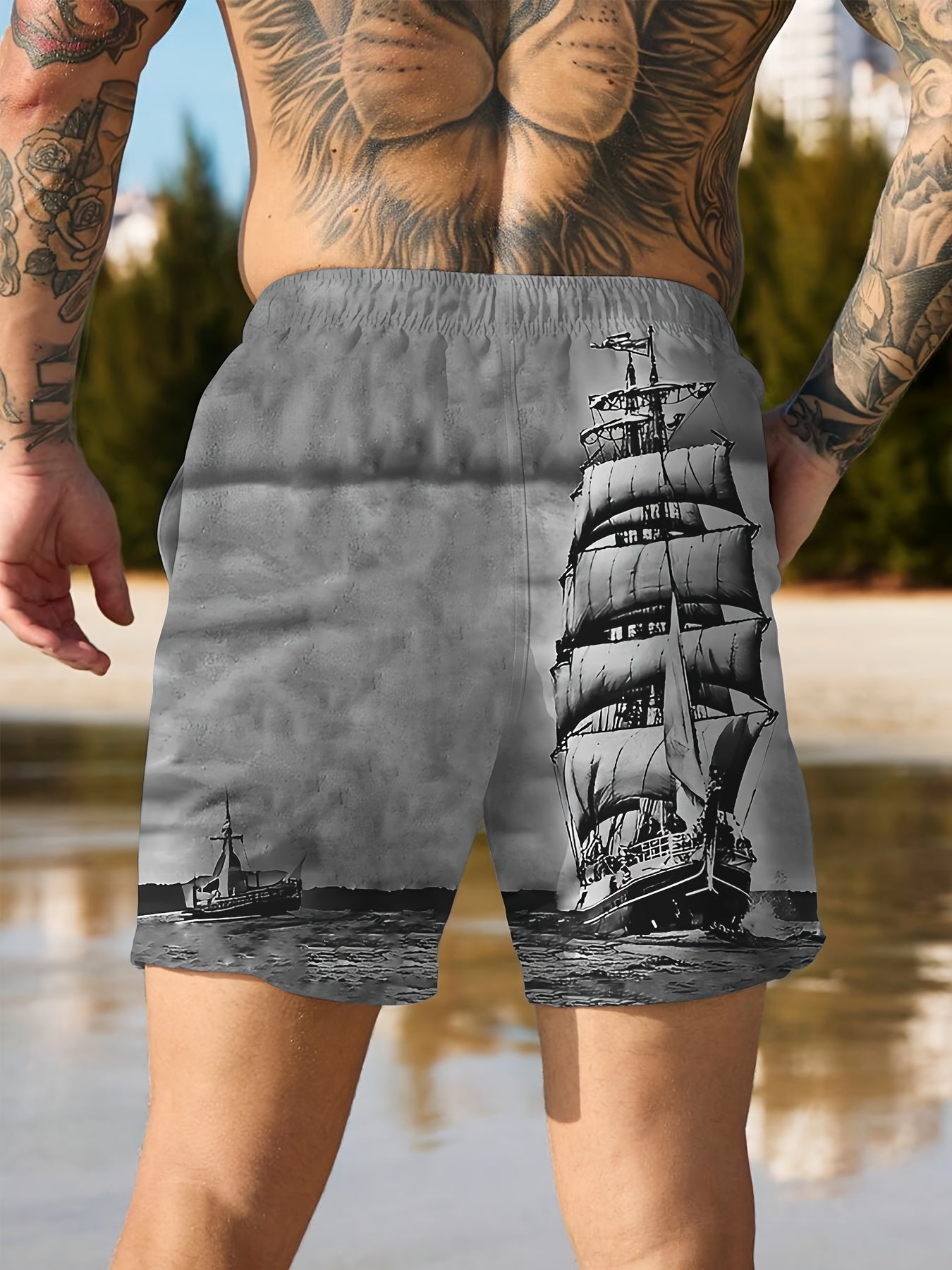 Men's Casual Beach Shorts with Vivid Digital Print of Sailing Ship -