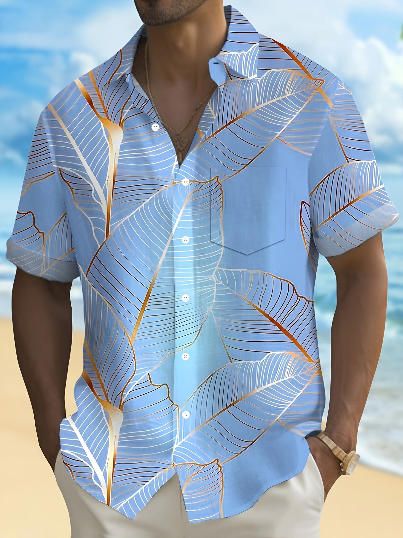 Plus Size Men's Leaf Graphic Print Shirt For Summer, Stylish Casual Short Sleeve Shirt For Males