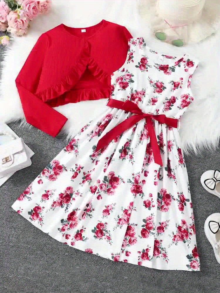 Elegant Toddle Girls 2 Piece Set Ruffle Decoration Cardigan Flower Print Sleeveless DressGifts