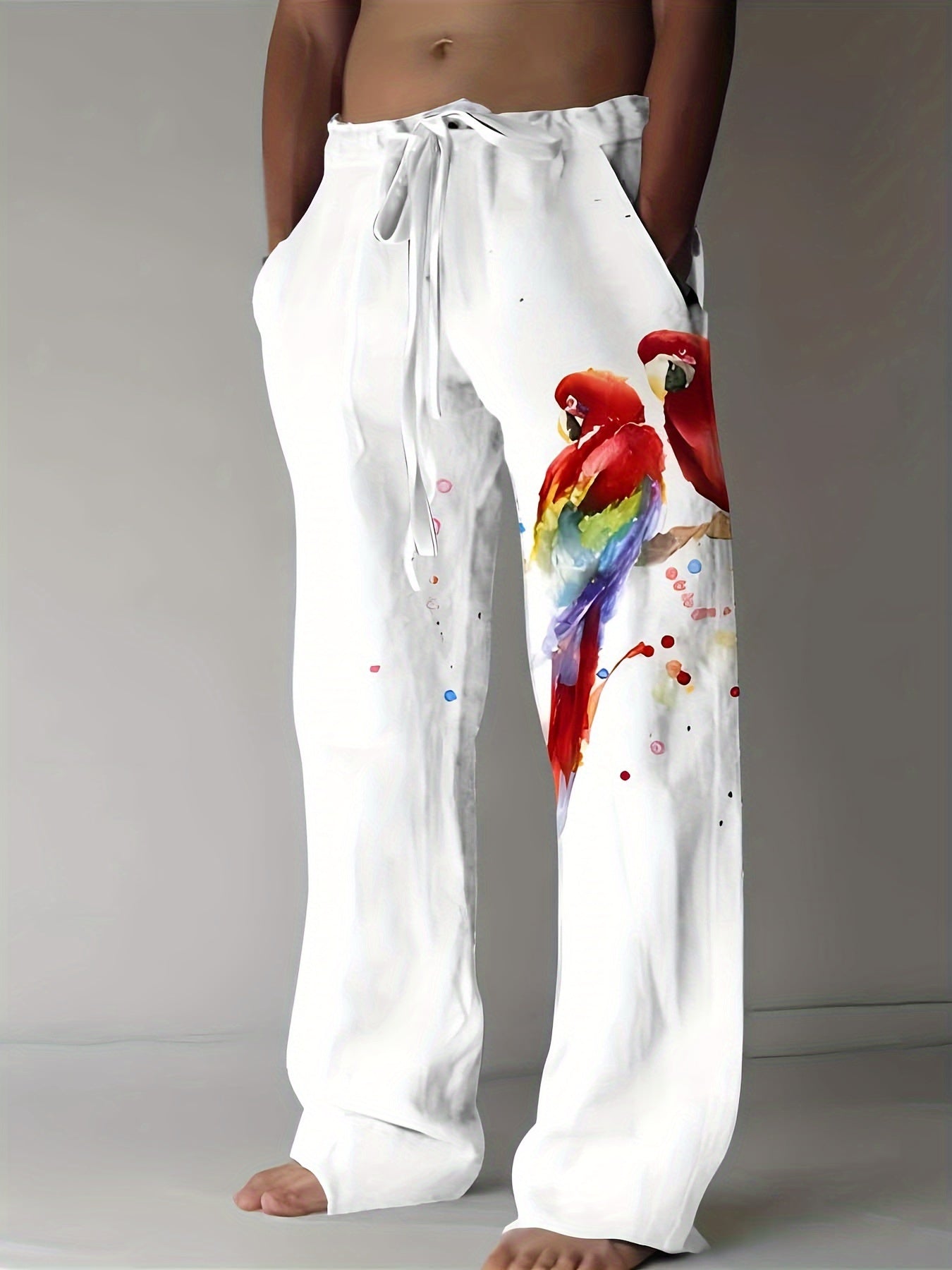 Men's Novelty Parrots Pattern Print Casual Drawstring Waist Beach Pants, Lightweight Outdoor Long Trousers For Summer