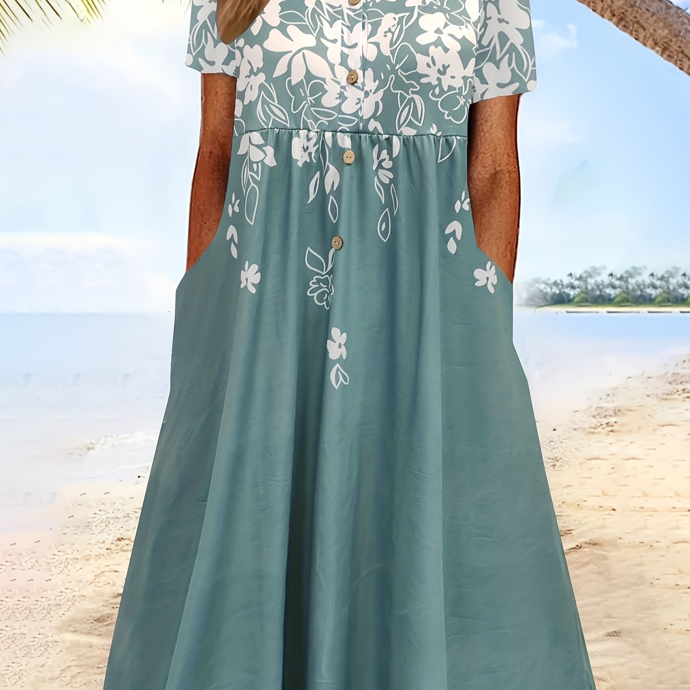 Elegant Floral Print Plus Size Midi Dress with Pockets - Crew Neck,