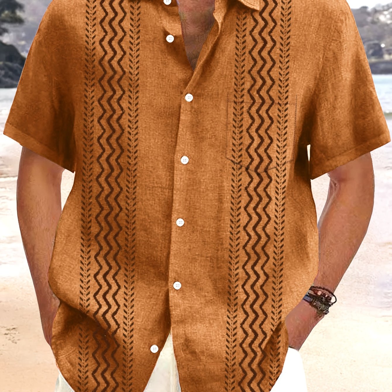 Men's Vintage Bohemian Geometric Print Short Sleeve Shirt with Button Pocket -