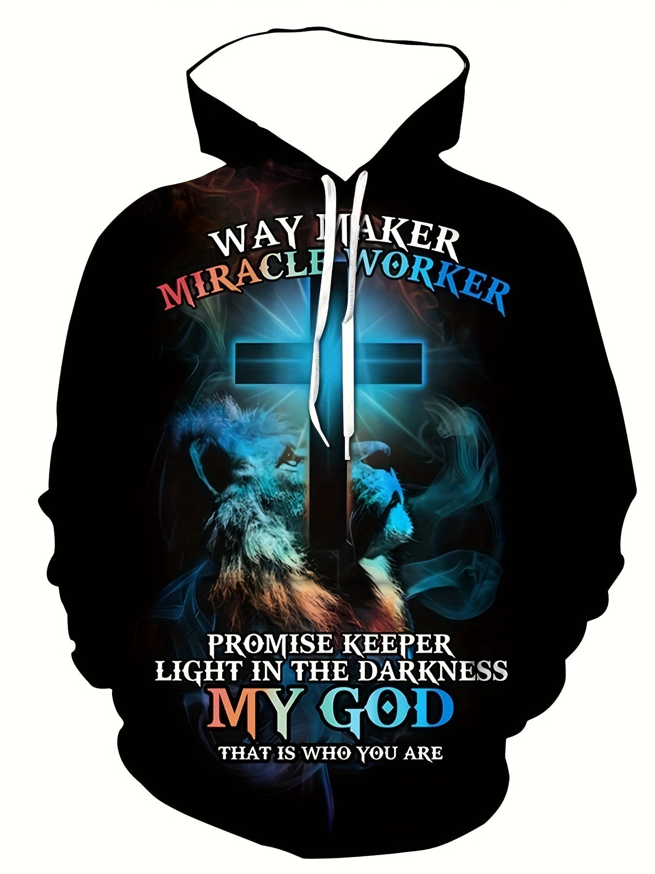 Lion And Cross Pattern And MIRACLE WORKER Letter Print Hooded Sweatshirt With Drawstring For Men