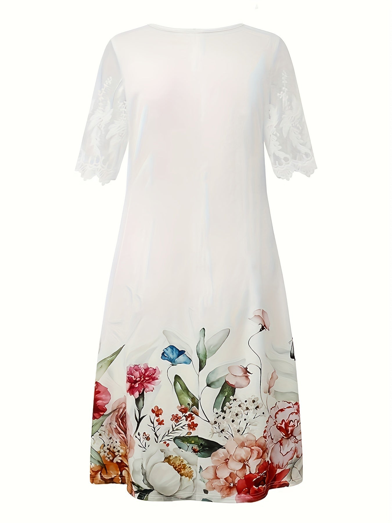 Floral Print Clashing Color Round Neck Fashion Elegant Dresses
