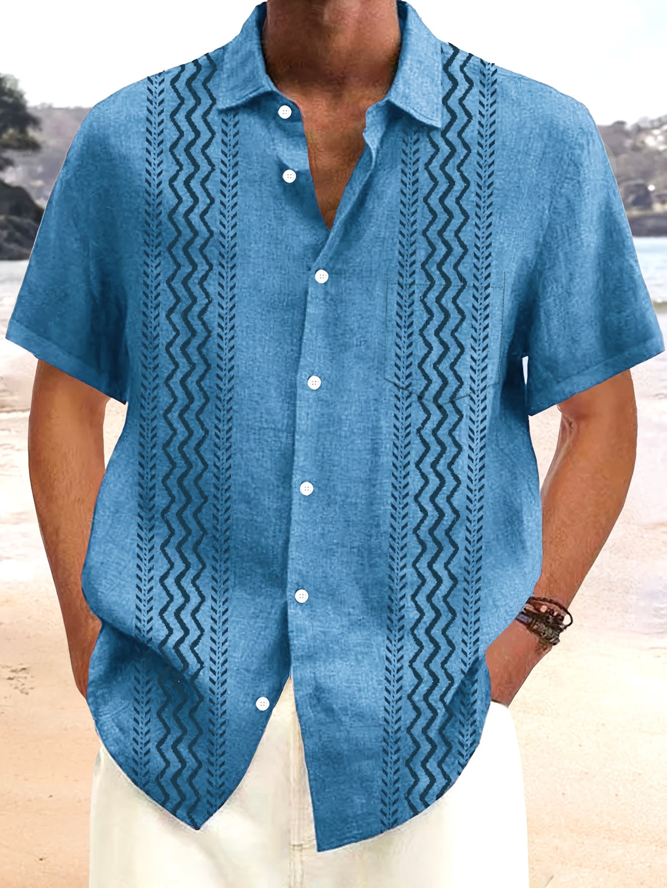Men's Vintage Bohemian Geometric Print Short Sleeve Shirt with Button Pocket -