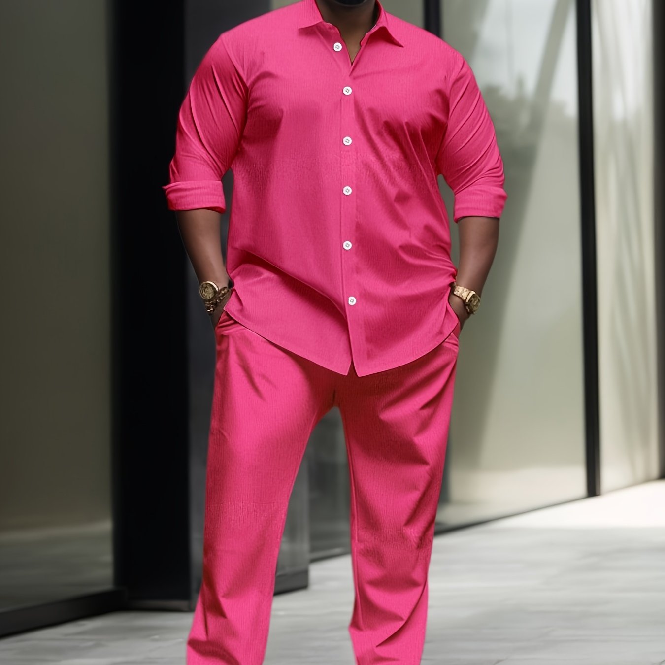 1set Men'S Plus Size Casual Suit Set - Polyester Lapel Shirt with Slight Stretch,