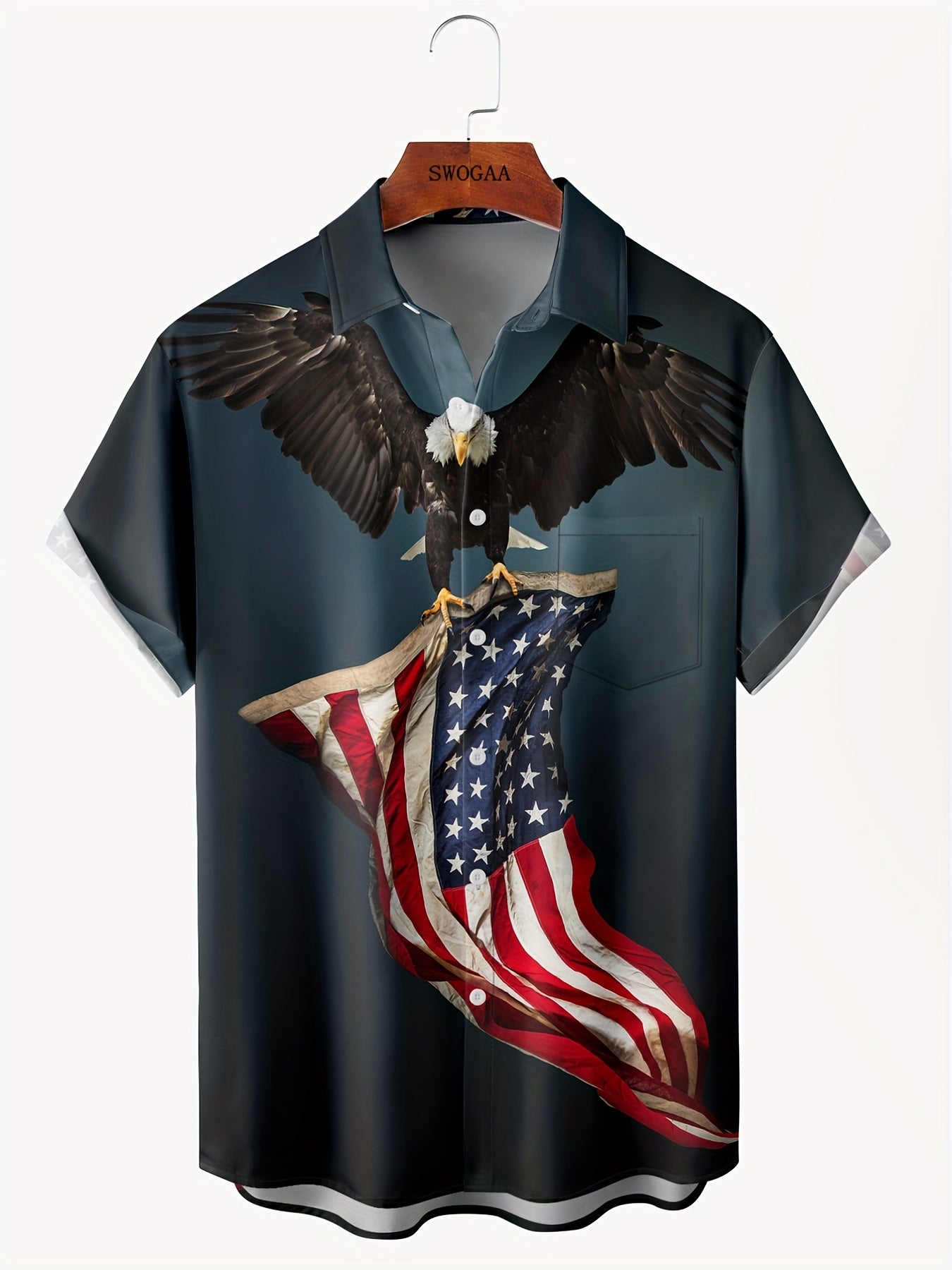 Men's 3D American Flag & Eagle Graphic Print Shirt For Summer, Hawaiian Style Short Sleeve Beach Shirt For Big & Tall Guys, Plus Size