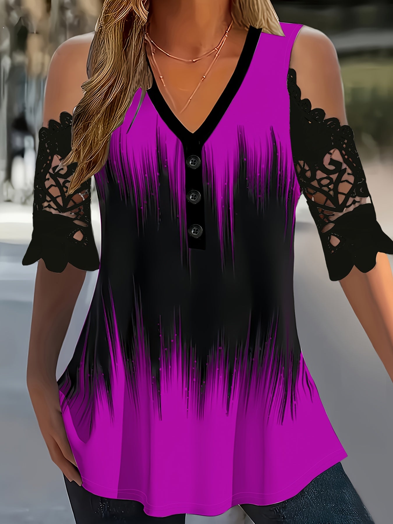Women'S Plus Size Black and Purple Geometric